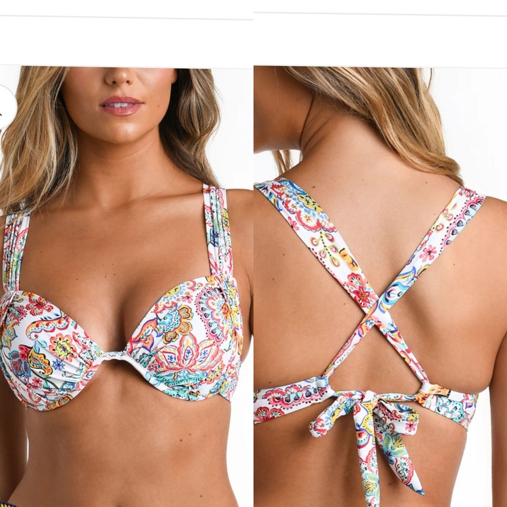 La Blanca Underwire Bikini Top Multicolor Paisley Floral Cross Back Tie NWT